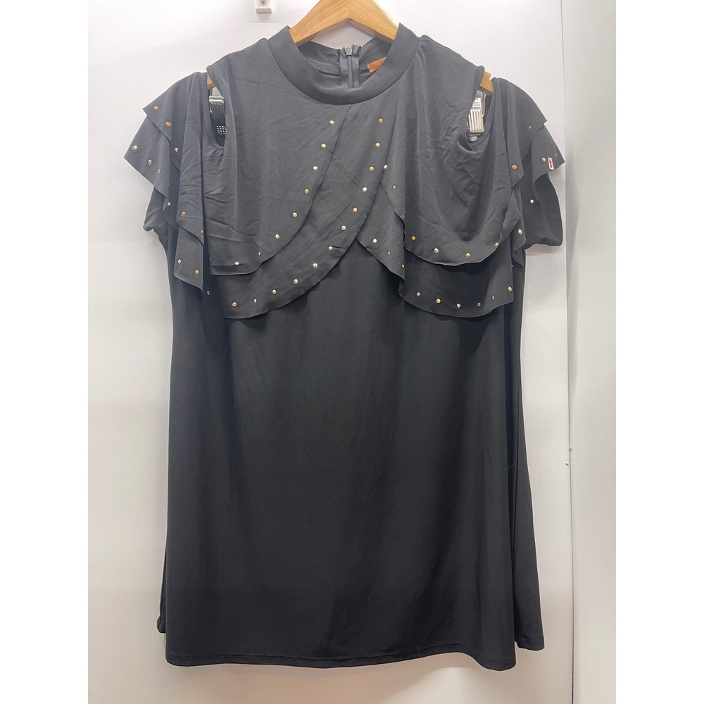 Belldini Black Rose Gold Studded Cold Shoulder Tiered Ruffle Top XL NWT‎